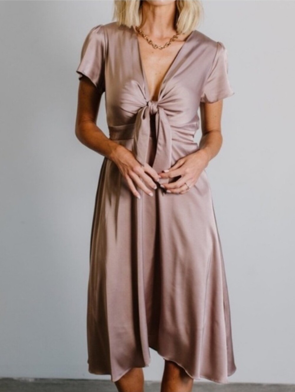 BALTIC BORN Poppy Satin Midi Dress Tie Front Dusty Rose Size Large